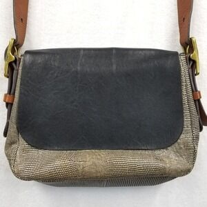 Fossil Crossbody Black Brown Leather Snake Print‎ Harper Bag Purse Classic
